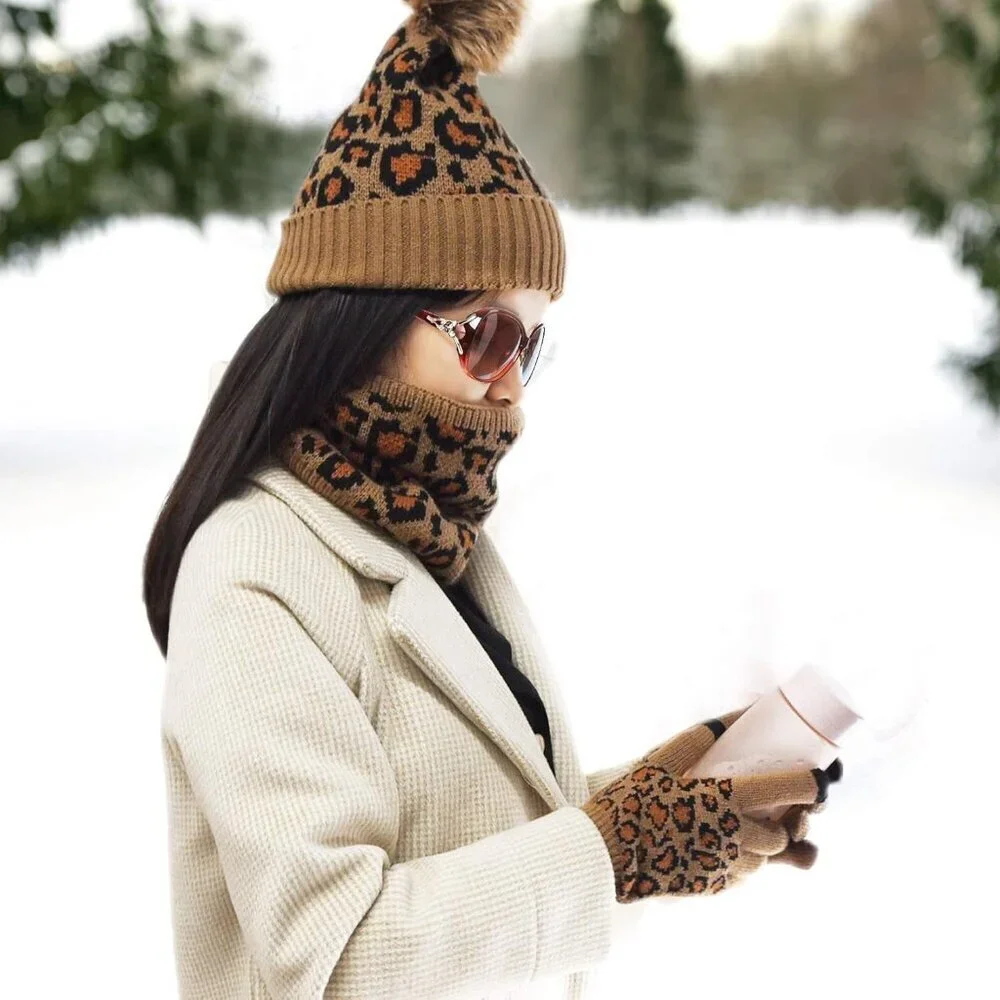 Leopard Print Winter Hat Gloves Scarf Set Womens Teen Warm Plush Acrylic